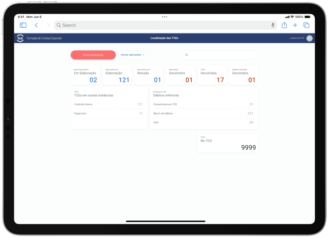 e-TCE dashboard prototype showing TCE counts and case status overview for auditors
