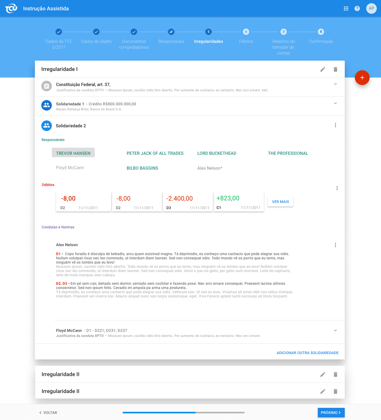 Final e-TCE design — the irregularities detail screen showing structured data for responsible parties and debts