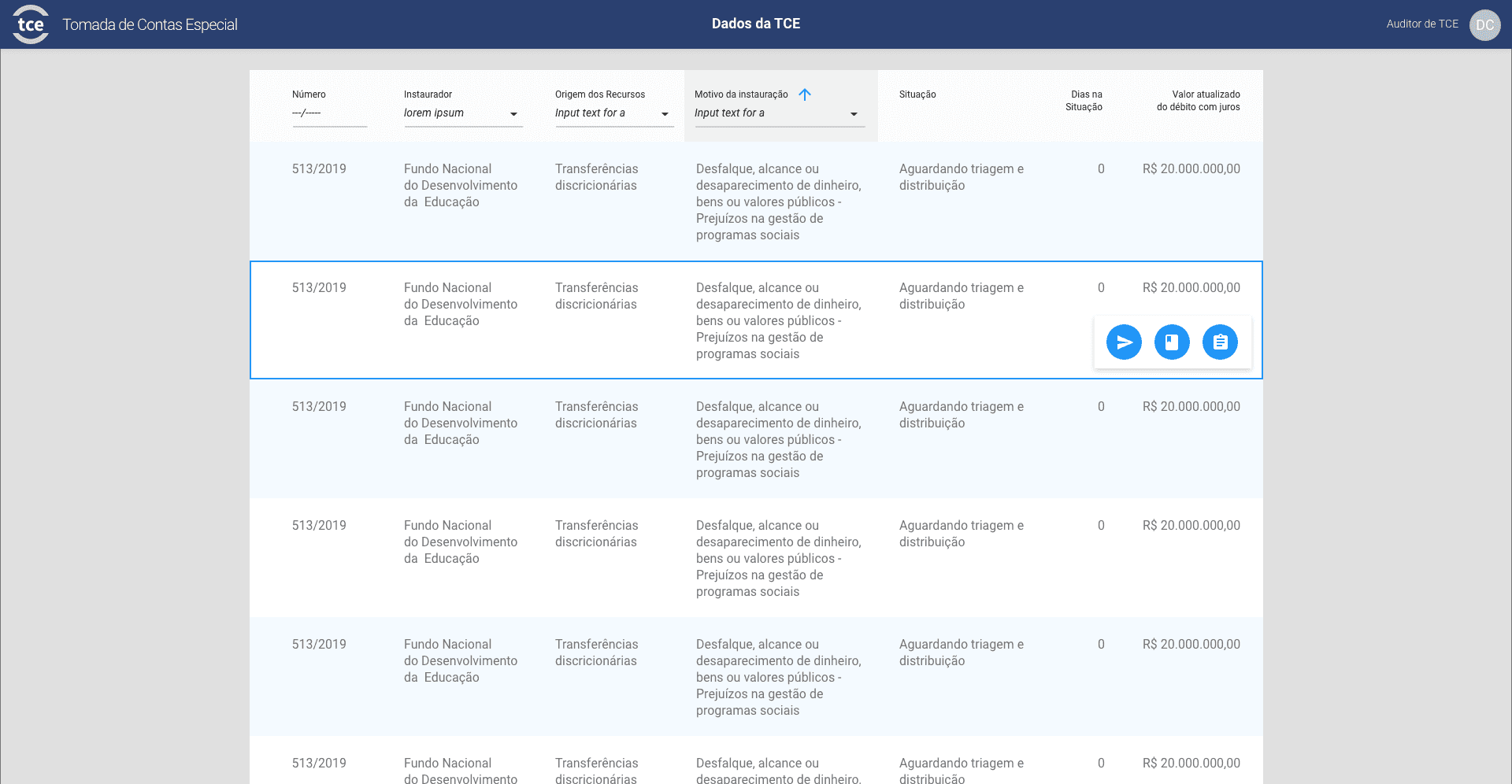 Final e-TCE design — TCE case list view with filterable columns for case tracking