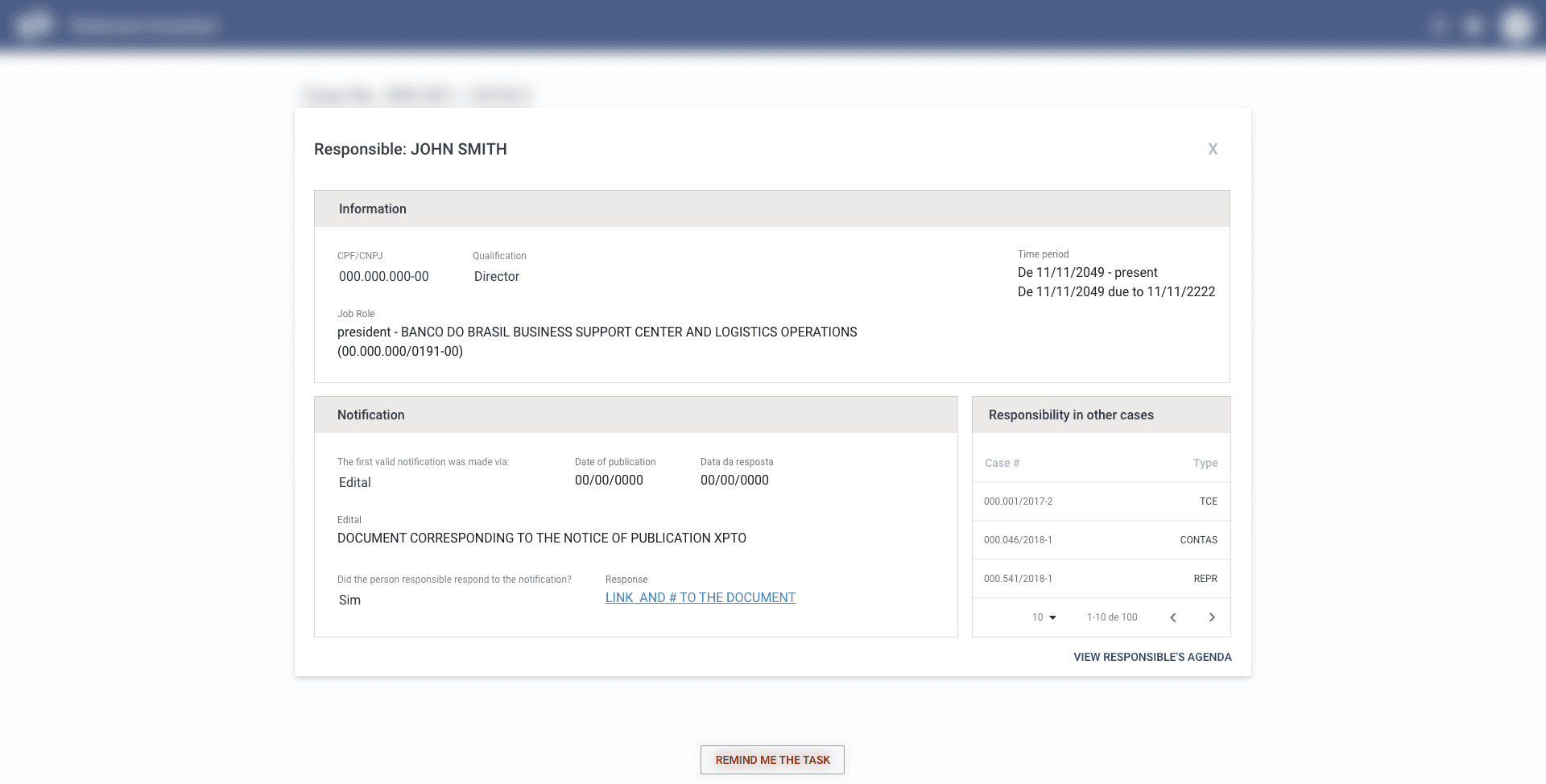 Final e-TCE design — responsible party detail panel with notification history and cross-case links