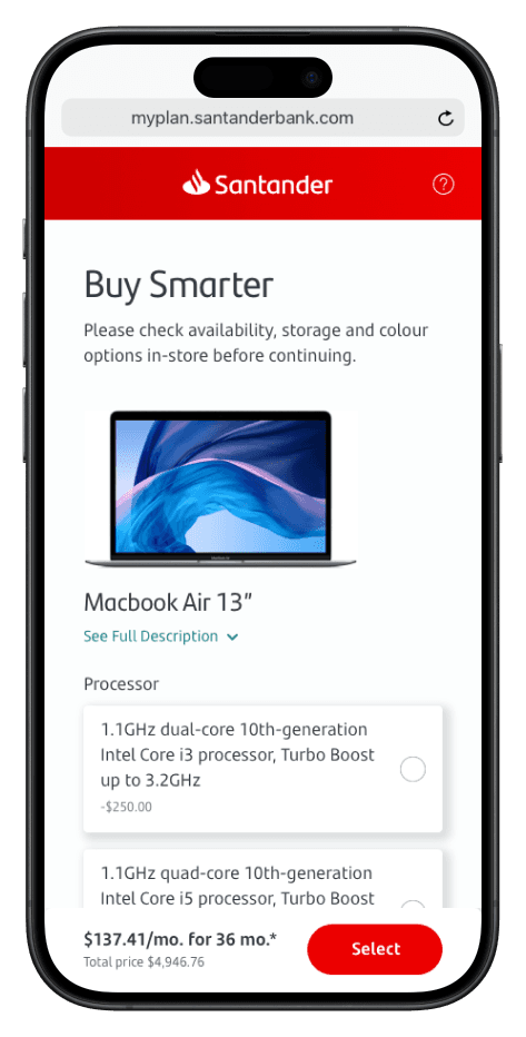 Mobile screen showing financial plan selection with clear monthly payment options